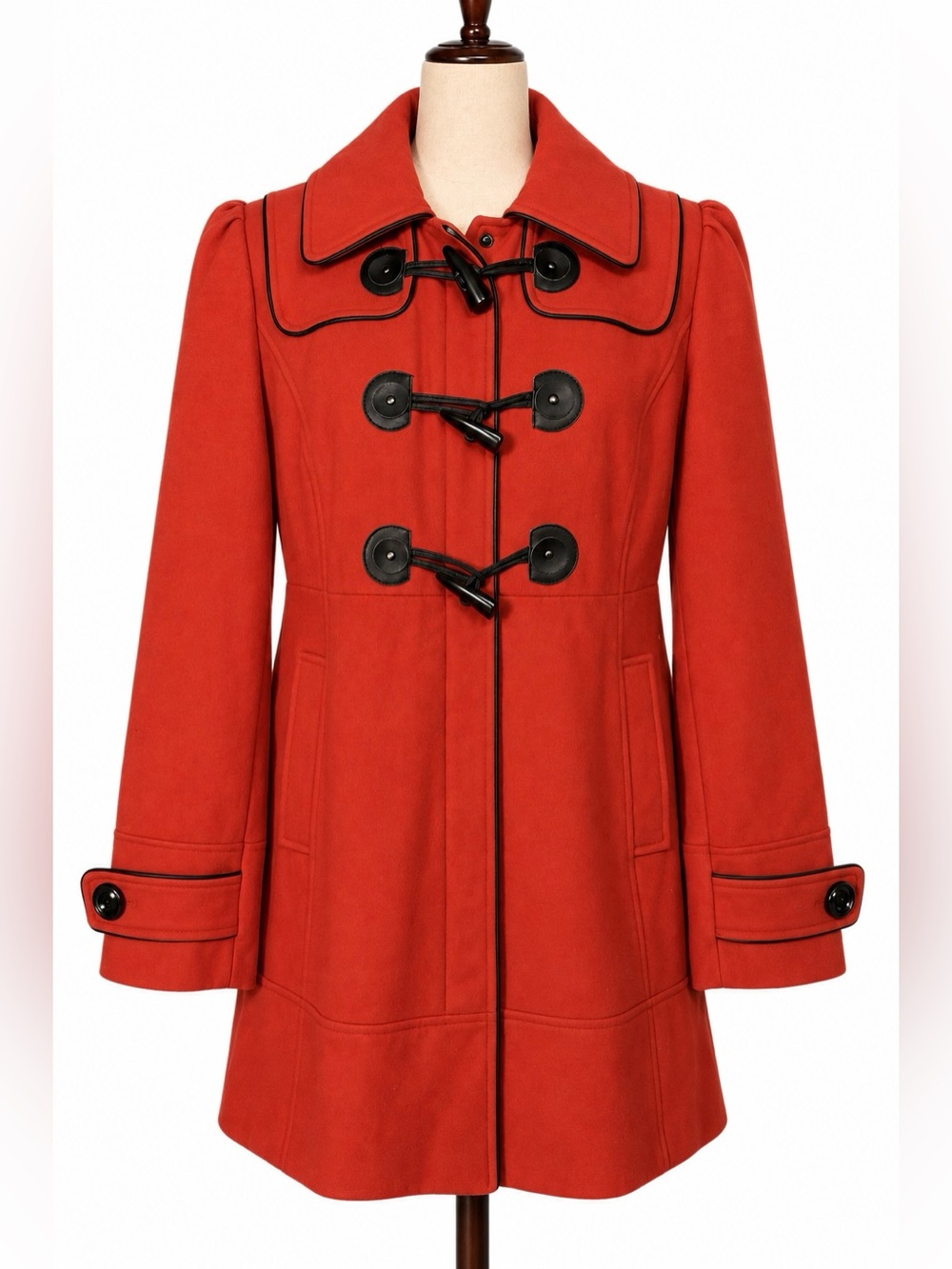 Vintage Y2K Guess wool toggle button coat. Red orange with black trim. L